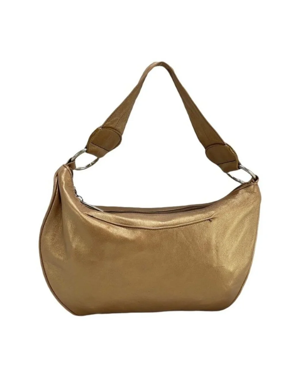 Bolsa Metallic Gold Lambskin Leather Shoulder Bag With Ultrasuede Lining Zip Clo